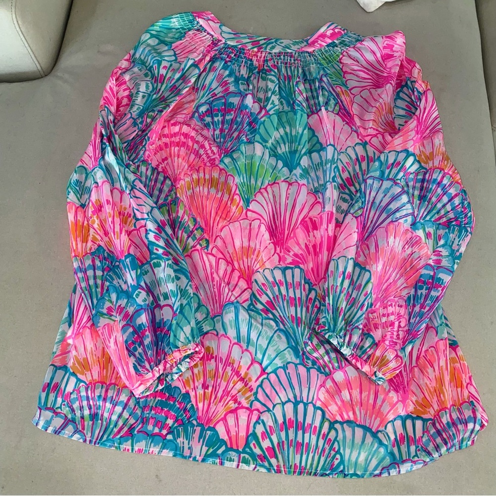 Lilly Pulitzer Pink Teal Shell-Print Long-Sleeve Blouse - Picture 2 of 3
